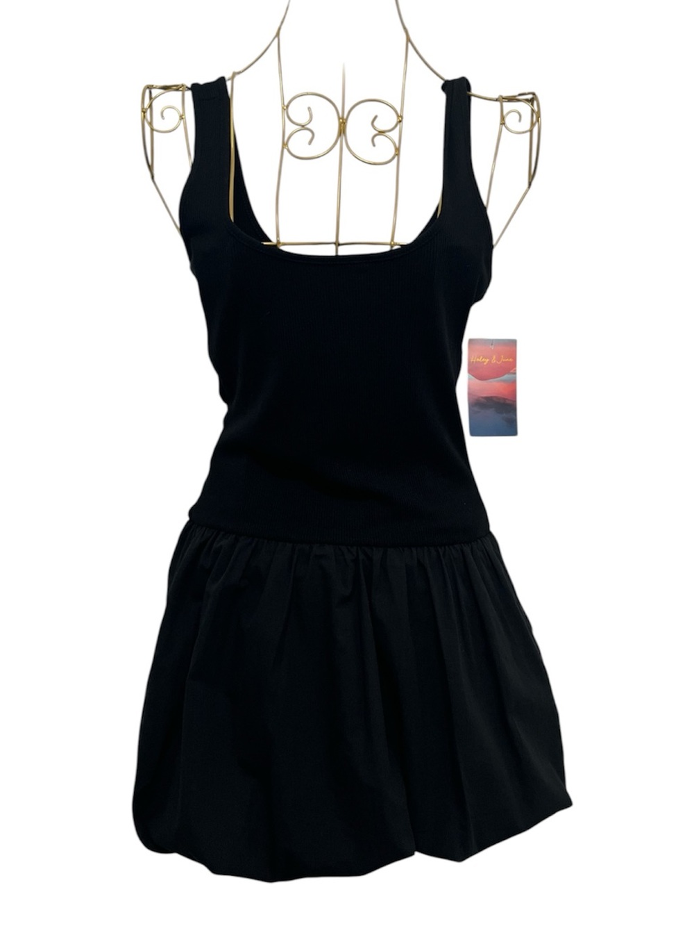 Haley & June NWT Black Bubble Hem Mini Dress Ribbed Bodice Size Small